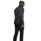 Mountain Equipment Earthrise Men's Jacket in Black - hood up showing insulated hood construction