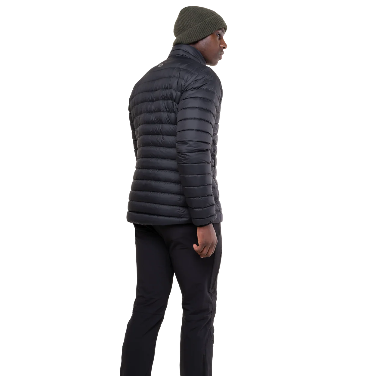 Mountain Equipment Earthrise Men's Jacket in Black - hood up showing insulated hood construction