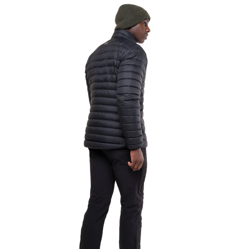 Mountain Equipment Earthrise Men's Jacket in Black - hood up showing insulated hood construction