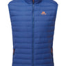 Mountain Equipment Earthrise Men's Vest in Admiral Blue - front view showing 100% recycled down insulation and stitch-through baffle construction