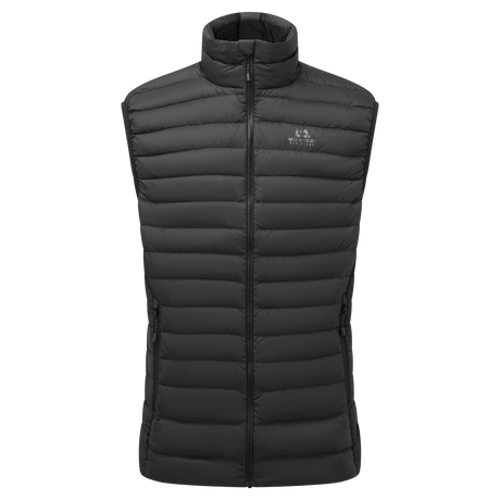 Mountain Equipment Earthrise Men's Vest in Black - front view showing 100% recycled down insulation and stitch-through baffle construction