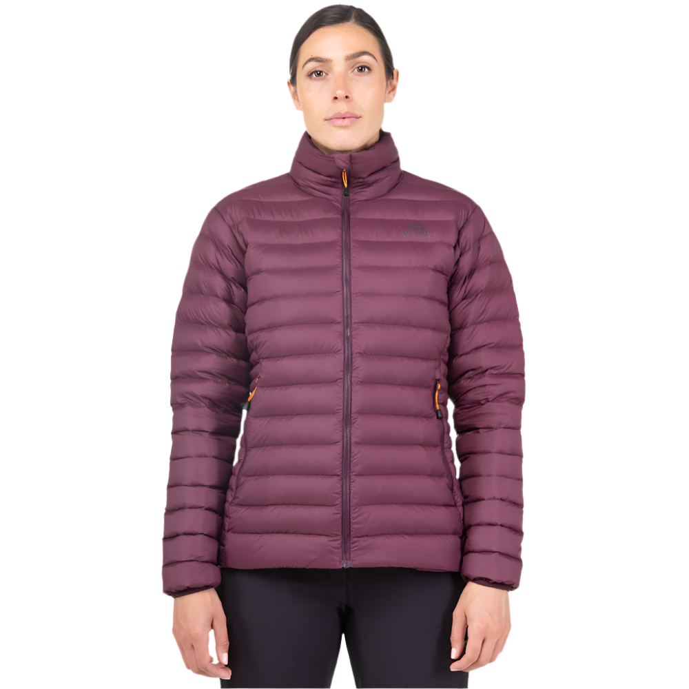 Mountain Equipment Earthrise Women's Jacket in Raisin - front view showing 100% recycled down insulation and stitch-through baffle construction
