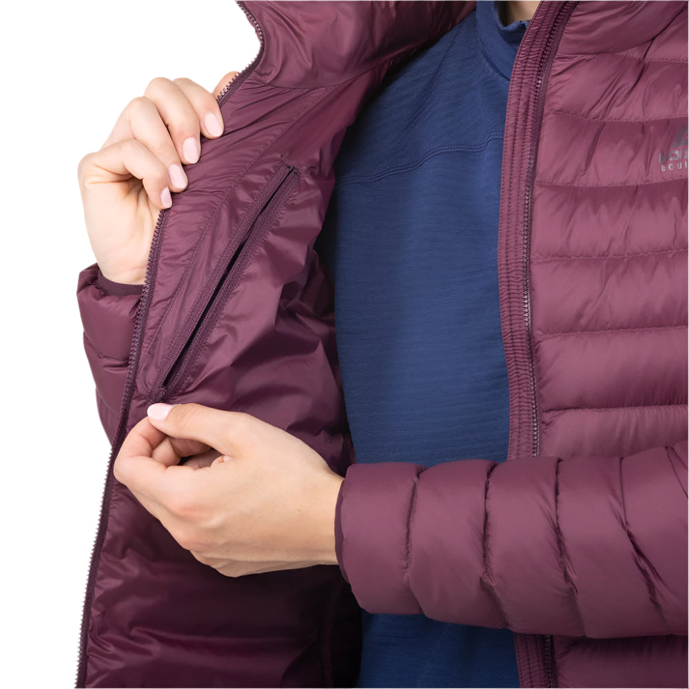 Mountain Equipment Earthrise Women's Jacket in Raisin - hood up showing insulated hood construction