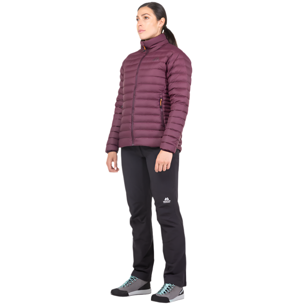 Mountain Equipment Earthrise Women's Jacket in Raisin - lifestyle view showing lightweight recycled down insulation for ski touring and alpine climbing