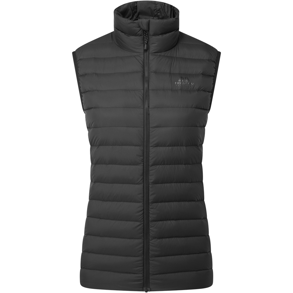 Mountain Equipment Earthrise Women's Vest in Black - front view showing 100% recycled down insulation and stitch-through baffle construction