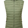 Mountain Equipment Earthrise Women's Vest in Four Leaf Clover - front view showing 100% recycled down insulation and stitch-through baffle construction