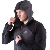 Mountain Equipment Frontier Men's Jacket in Anvil Grey/Black - hood up showing Mountain Helmet Compatible Hood fully adjusted
