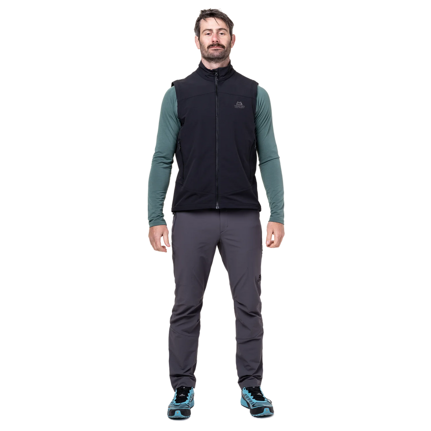 Mountain Equipment Frontier Men's Vest in Black - back view showing over-locked and topstitched construction