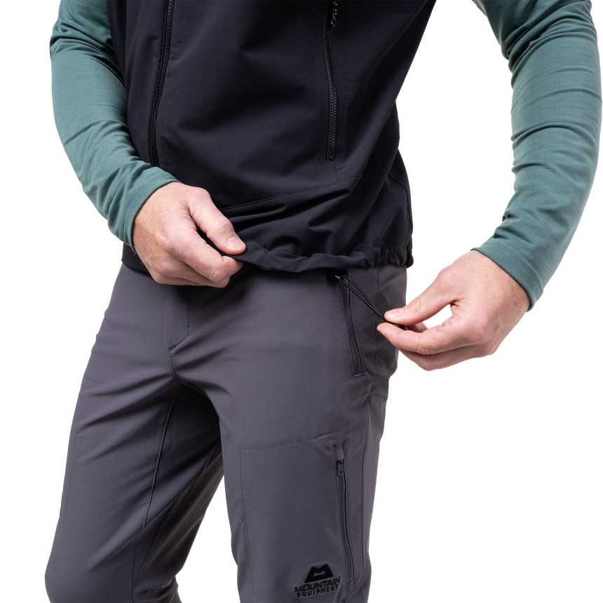 EXOLITE 210 double weave softshell fabric detail on Mountain Equipment Frontier Men's Vest in Black with PFAS-free DWR