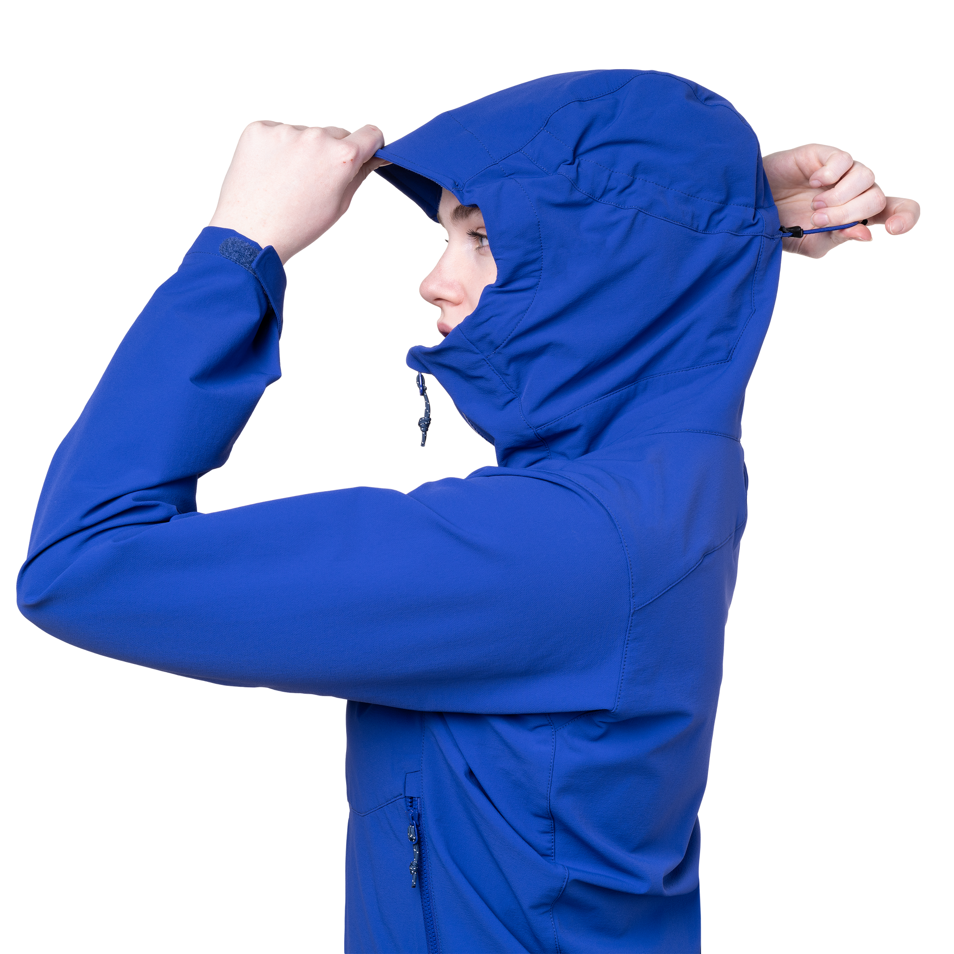Mountain Equipment Frontier Women's Jacket in Clematis - hood rolled away showing clean neckline