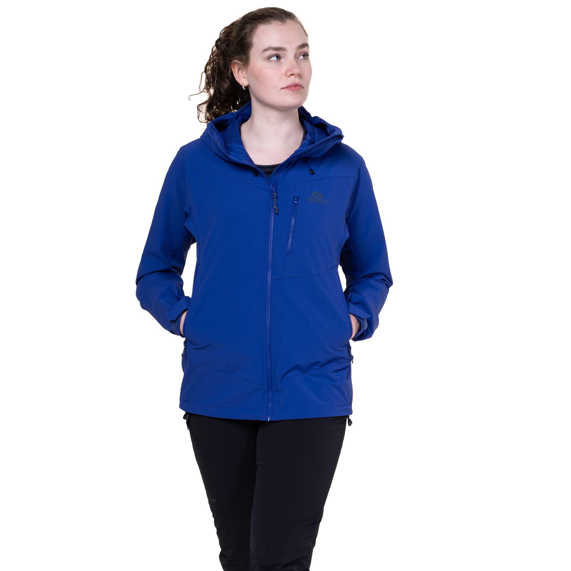 Mountain Equipment Frontier Women's Jacket in Clematis - side view showing alpine fit and stitched hem