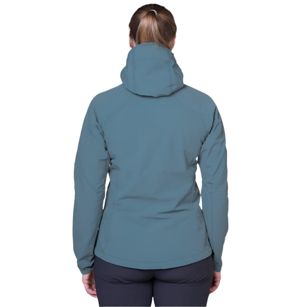 Mountain Equipment Frontier Women's Jacket in Indian Teal - hood rolled away showing clean neckline