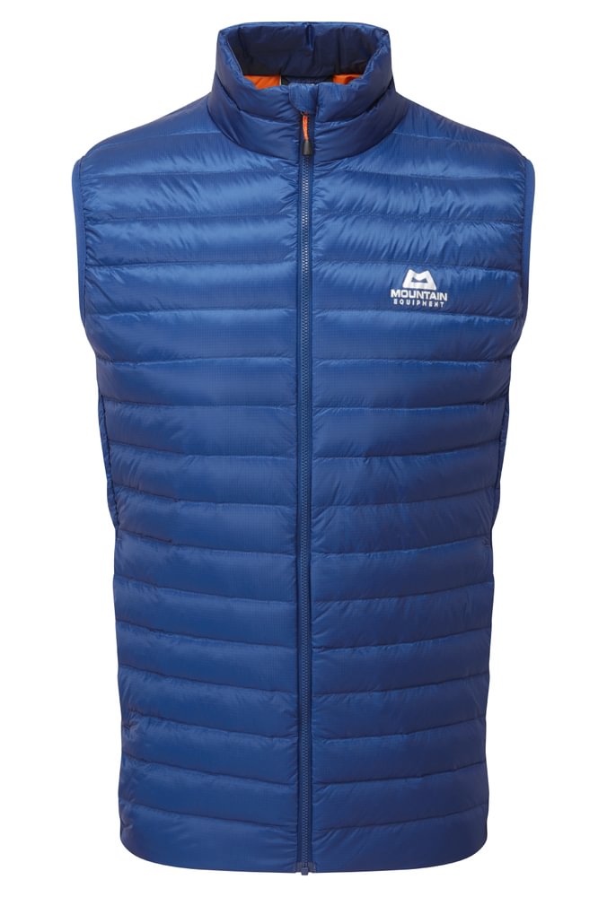 Mountain Equipment Frostline Men's Vest in Admiral Blue - front view showing YKK front zip, zipped hand warmer pockets and DRILITE Loft 20D shell