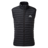Mountain Equipment Frostline Men's Vest in Black - front view showing YKK front zip, zipped hand warmer pockets and adjustable hem drawcords