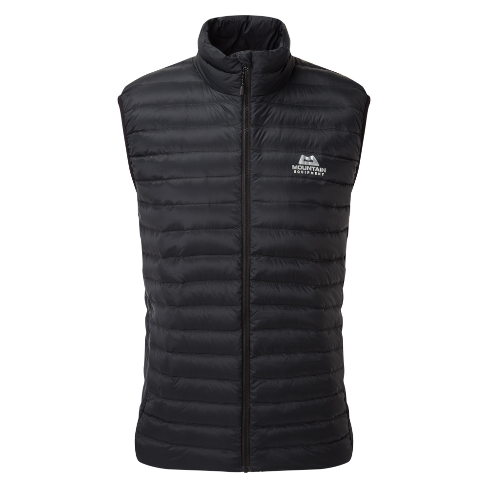 Mountain Equipment Frostline Men's Vest in Black - front view showing YKK front zip, zipped hand warmer pockets and adjustable hem drawcords