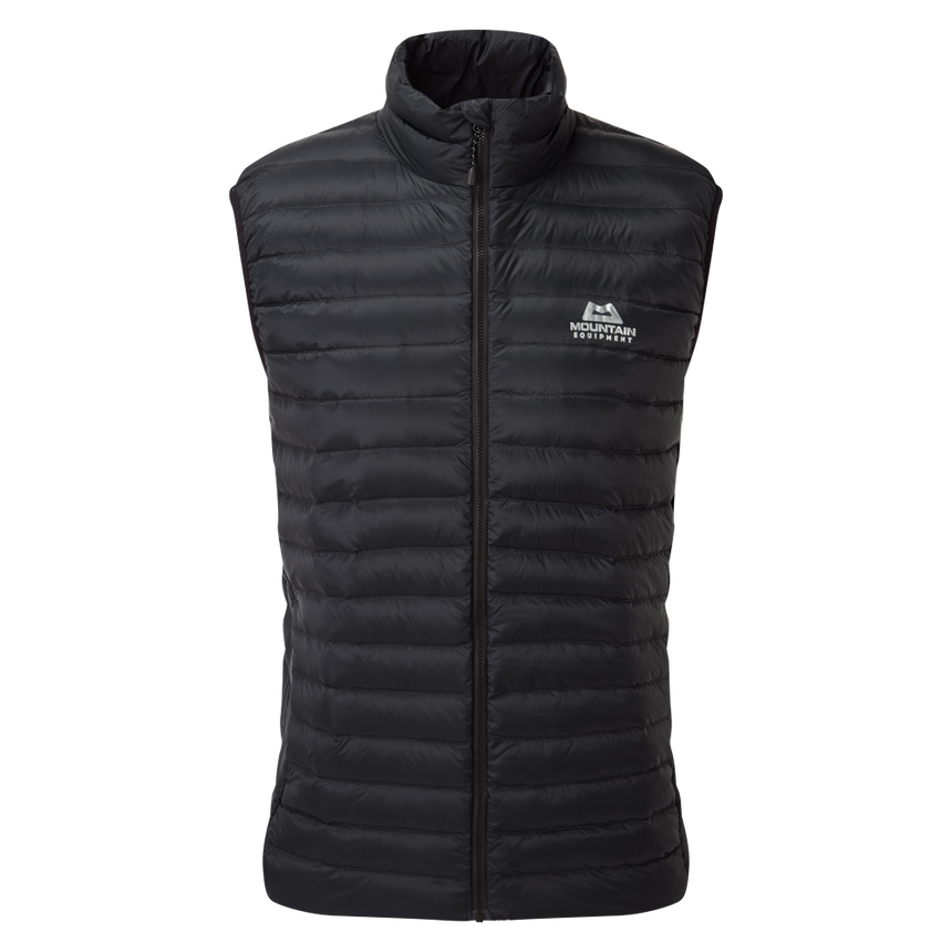 Mountain Equipment Frostline Men's Vest in Black - front view showing YKK front zip, zipped hand warmer pockets and adjustable hem drawcords