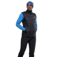 Mountain Equipment Frostline Men's Vest in Black worn on model - angled front view showing DRILITE Loft 20D shell and stitch-through narrow baffles