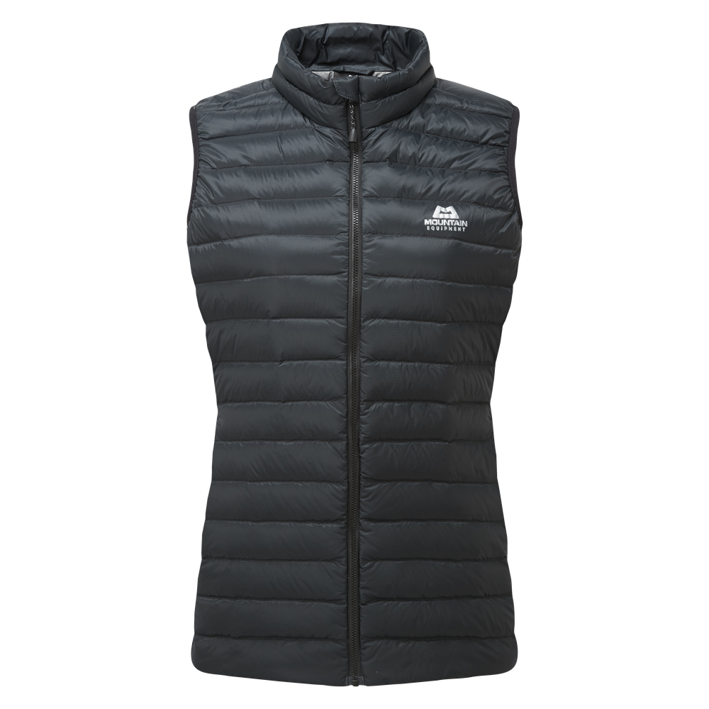 Mountain Equipment Frostline Women's Vest in Black - front view showing YKK moulded front zip, zipped hand warmer pockets and adjustable hem drawcord