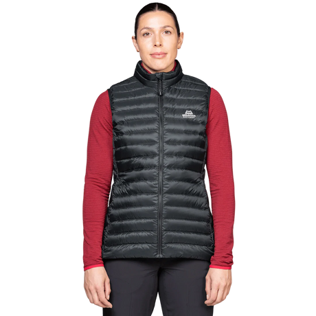 Mountain Equipment Frostline Women's Vest in Black worn on model - front view showing DRILITE Loft 20D shell and stitch-through narrow baffles