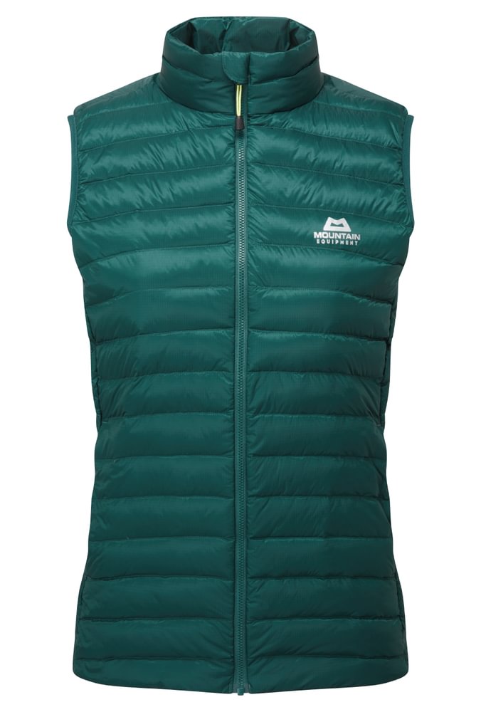 Mountain Equipment Frostline Women's Vest in Deep Teal - front view showing DRILITE Loft 20D shell, YKK moulded front zip and zipped hand warmer pockets
