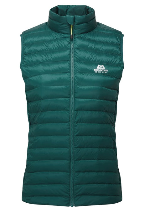 Mountain Equipment Frostline Women's Vest in Deep Teal - front view showing DRILITE Loft 20D shell, YKK moulded front zip and zipped hand warmer pockets