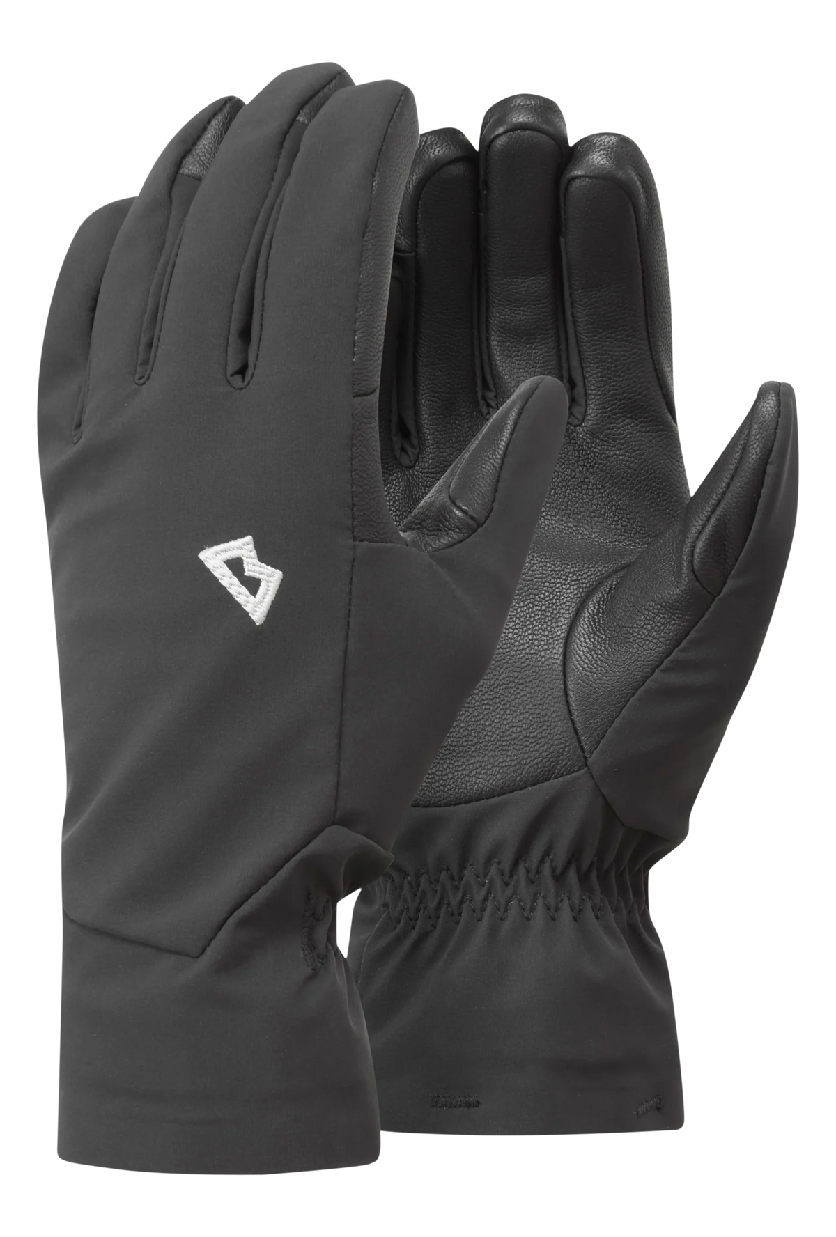 Mountain Equipment G2 Alpine Women's Glove in Black/Shadow - front view showing EXOLITE XP softshell fabric