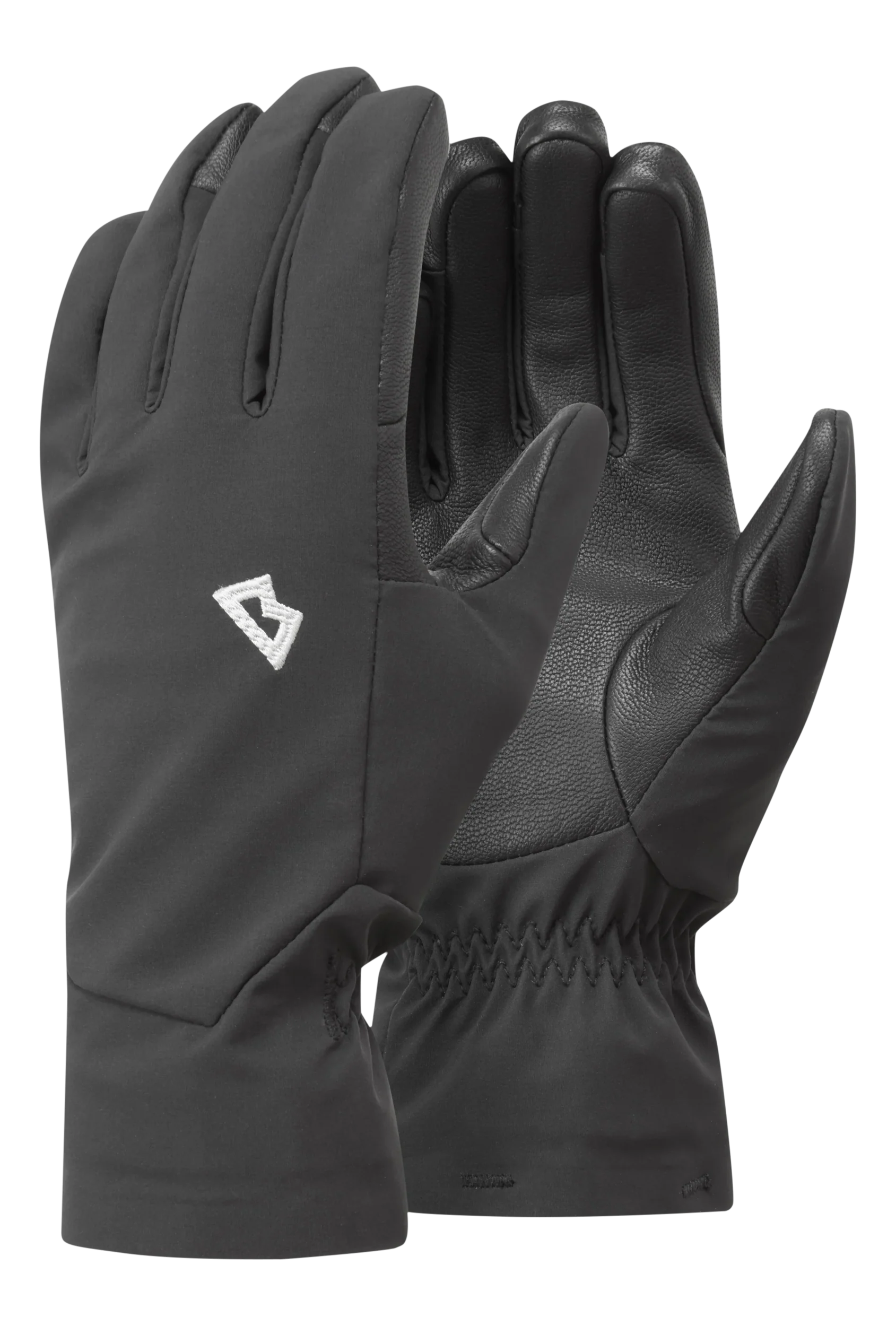 Mountain Equipment G2 Alpine Women's Glove in Black/Shadow - front view showing EXOLITE XP softshell fabric