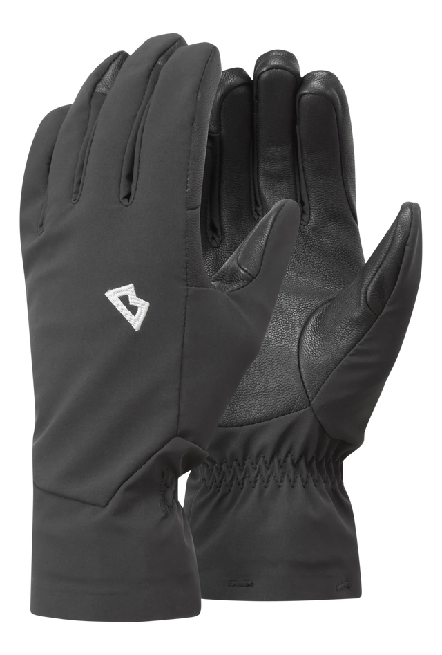 Mountain Equipment G2 Alpine Women's Glove in Black/Shadow - front view showing EXOLITE XP softshell fabric