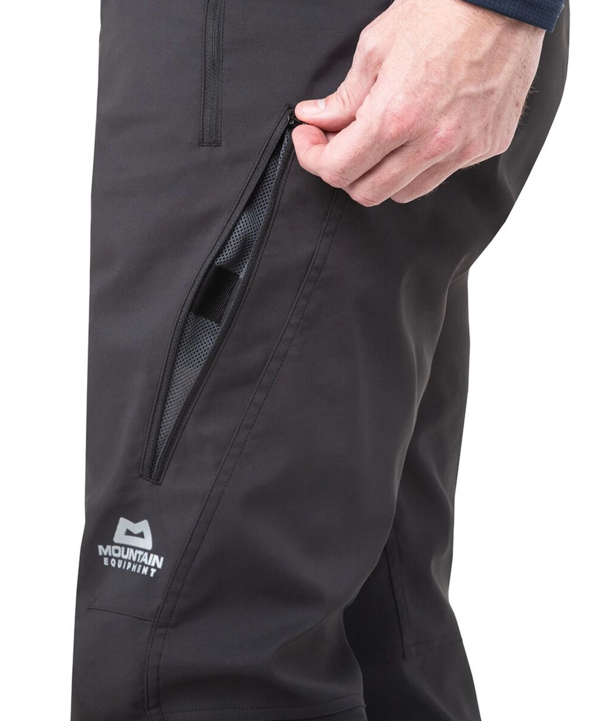 Dyneema reinforced kick strip detail on Mountain Equipment G2 GORE-TEX Mountain Men's Pant in Black for crampon protection