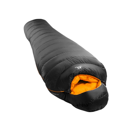 Mountain Equipment Glacier 1000 Sleeping Bag in Obsidian - full length view showing 1,000 g of 700+ fill power duck down and Alpine fit construction