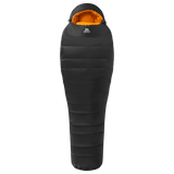 Mountain Equipment Glacier 1000 Sleeping Bag in Obsidian - top view showing 5-baffle anatomically shaped hood and Lode Lock magnetic closure