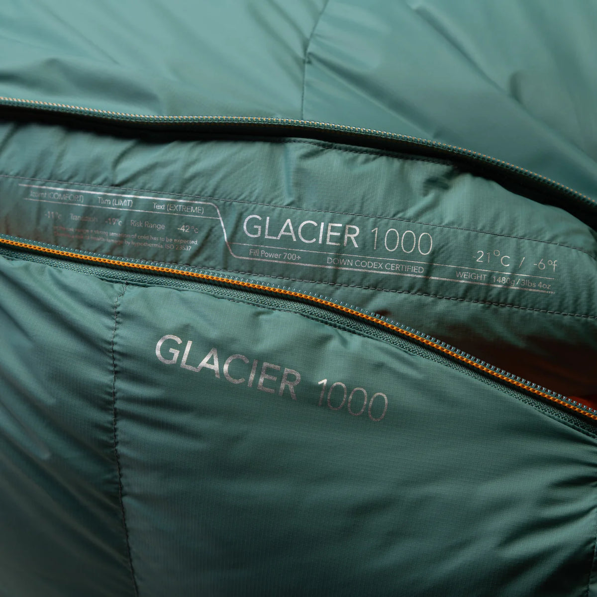 5-baffle hood with Lode Lock magnetic closure and collar drawcords detail on Mountain Equipment Glacier 1000 Women's Sleeping Bag in Sage