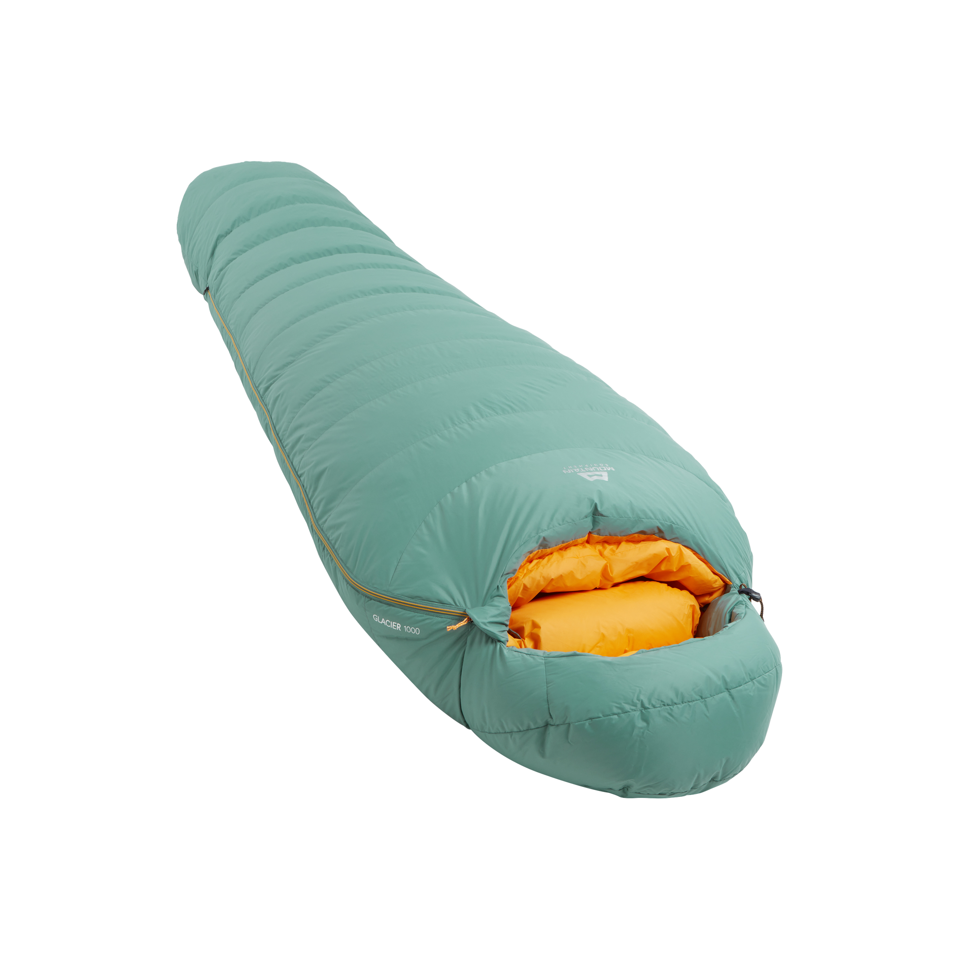 Mountain Equipment Glacier 1000 Women's Sleeping Bag in Sage - product preview showing 950 g of 700+ fill power duck down and Alpine fit construction