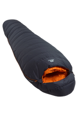 Mountain Equipment Glacier 300 Sleeping Bag in Obsidian - full length view showing 296 g of 700+ fill power duck down and lightweight Alpine fit construction