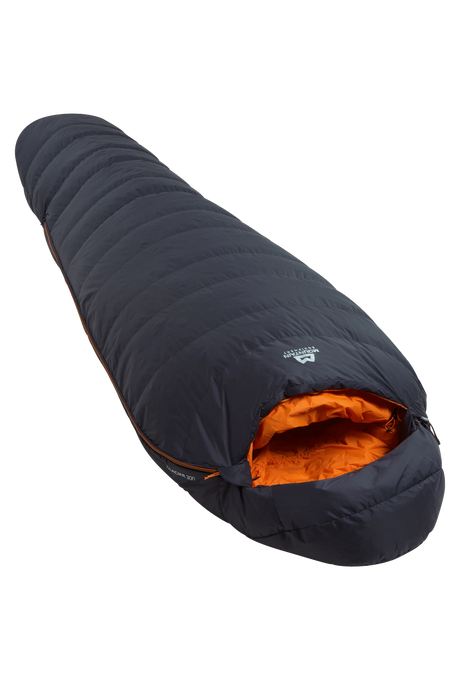 Mountain Equipment Glacier 300 Sleeping Bag in Obsidian - full length view showing 296 g of 700+ fill power duck down and lightweight Alpine fit construction