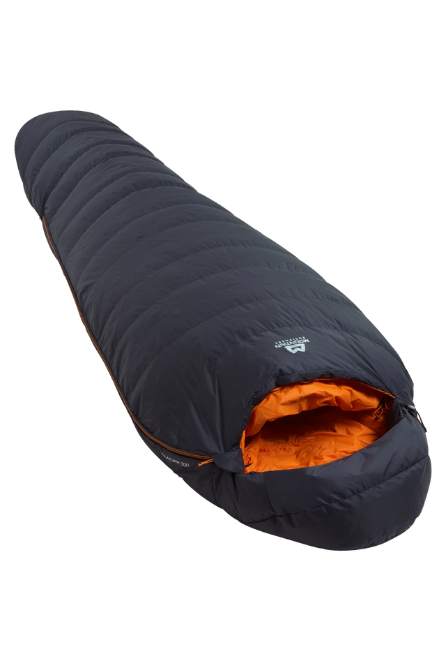 Mountain Equipment Glacier 300 Sleeping Bag in Obsidian - full length view showing 296 g of 700+ fill power duck down and lightweight Alpine fit construction