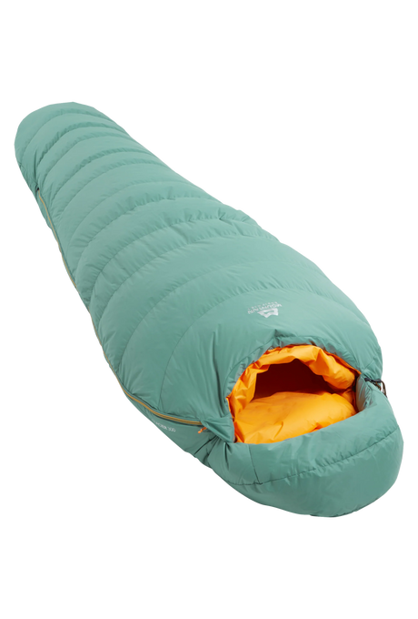 Mountain Equipment Glacier 300 Women's Sleeping Bag in Sage - full length view showing 272 g of 700+ fill power duck down and lightweight Alpine fit construction