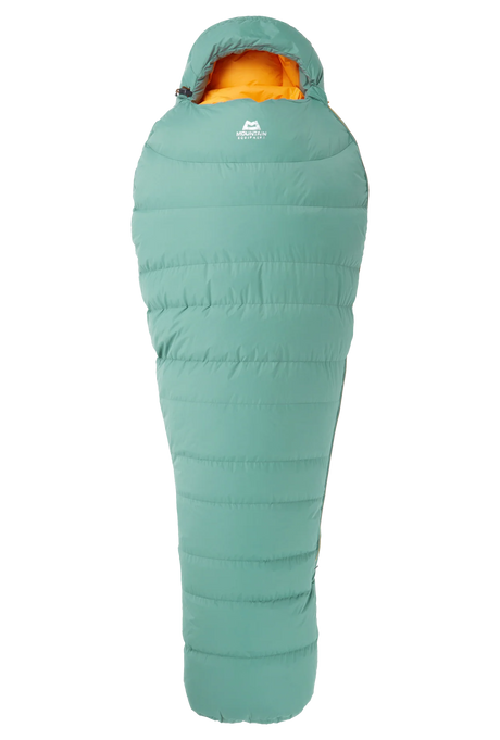 Mountain Equipment Glacier 300 Women's Sleeping Bag in Sage - top view showing 5-baffle anatomically shaped hood and Lode Lock magnetic closure