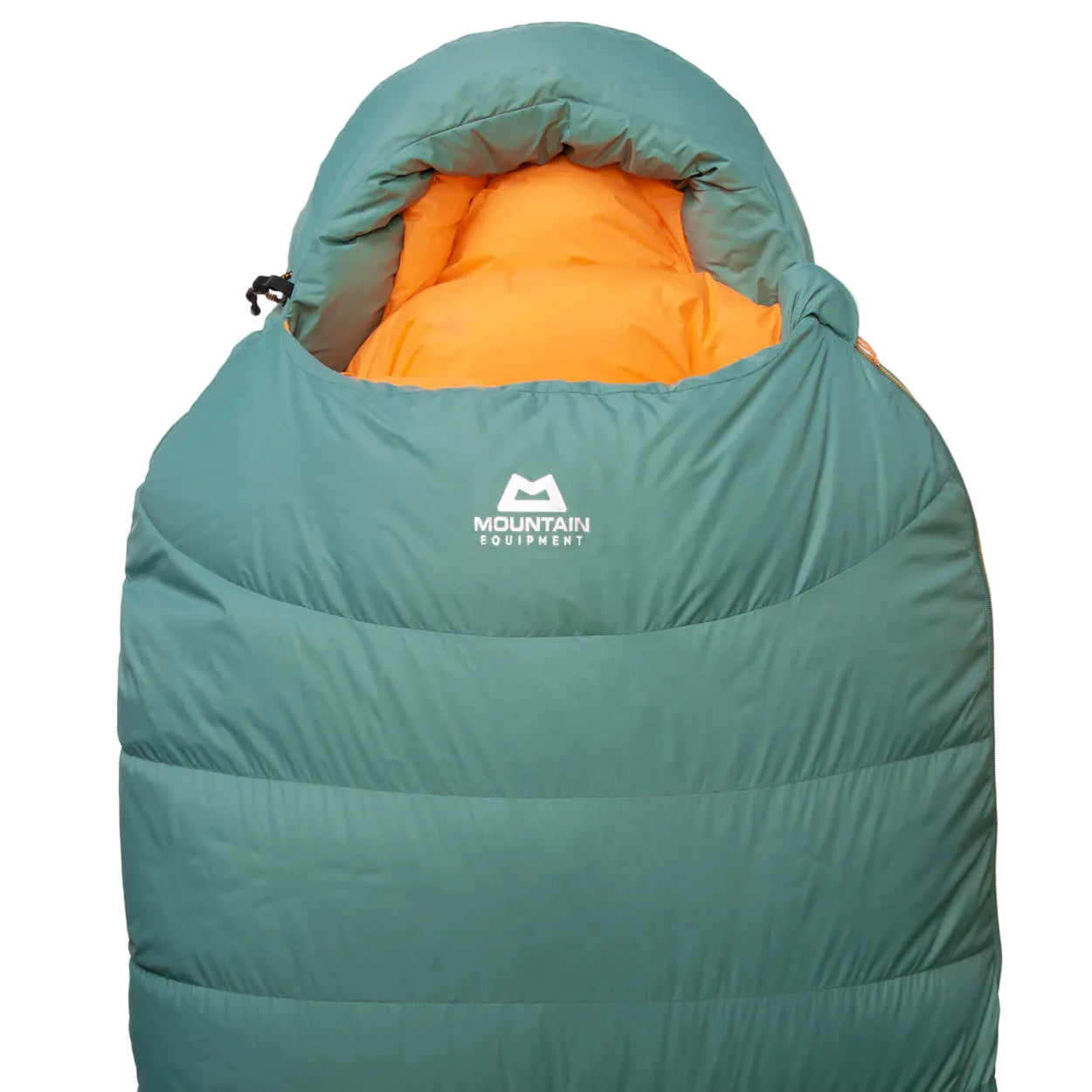 Mountain Equipment Glacier 450 Women's Sleeping Bag in Sage - full length view showing tapered Alpine fit and trapezoid baffle construction