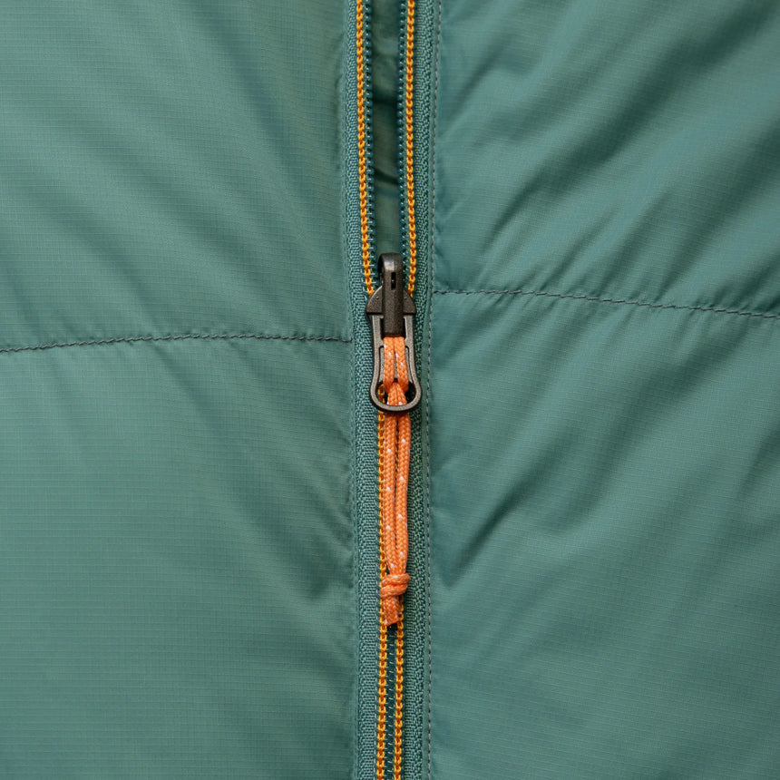 5-baffle hood with Lode Lock magnetic closure and collar drawcords detail on Mountain Equipment Glacier 450 Women's Sleeping Bag in Sage