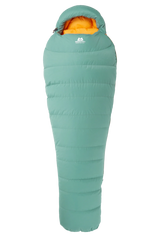 Mountain Equipment Glacier 450 Women's Sleeping Bag in Sage - lifestyle view showing all-round down sleeping bag for mountaineering and lower altitude trekking
