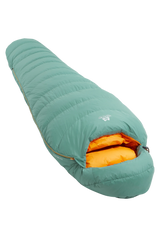 Mountain Equipment Glacier 450 Women's Sleeping Bag in Sage - product preview showing 700+ fill power duck down and Alpine fit construction