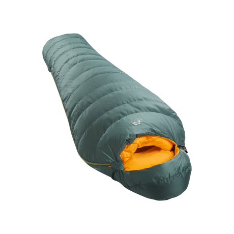 Mountain Equipment Glacier 450 Women's Sleeping Bag in Sage - full length view showing 435 g of 700+ fill power duck down and Alpine fit construction