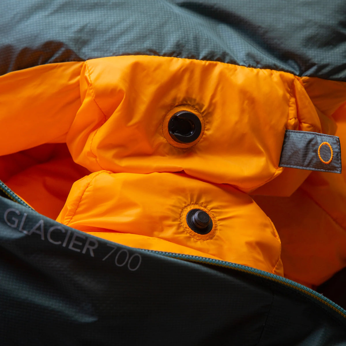 5-baffle hood with Lode Lock magnetic closure and collar drawcords detail on Mountain Equipment Glacier 450 Women's Sleeping Bag in Sage