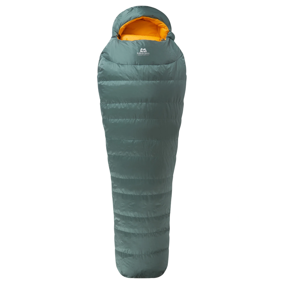 Mountain Equipment Glacier 450 Women's Sleeping Bag in Sage - top view showing 5-baffle anatomically shaped hood and Lode Lock magnetic closure