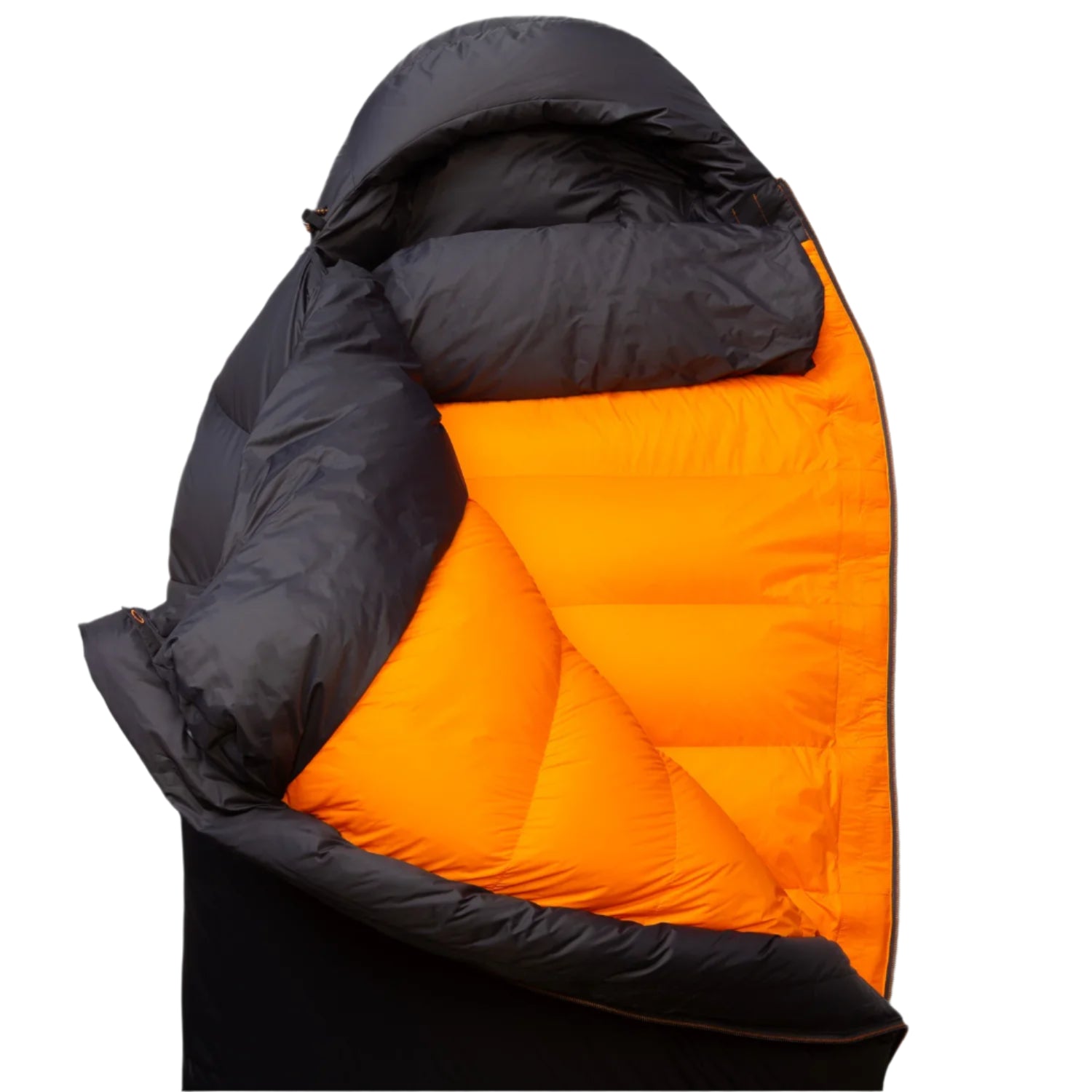 6-baffle anatomically shaped and offset foot box detail on Mountain Equipment Glacier Expedition Sleeping Bag in Obsidian