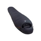 Mountain Equipment Glacier Expedition Sleeping Bag in Obsidian - full length view showing roomy Expedition fit and trapezoid baffle construction