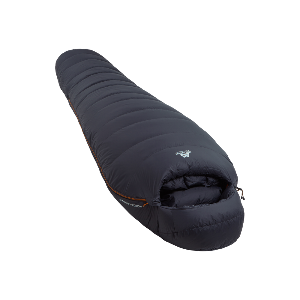 Mountain Equipment Glacier Expedition Sleeping Bag in Obsidian - full length view showing roomy Expedition fit and trapezoid baffle construction