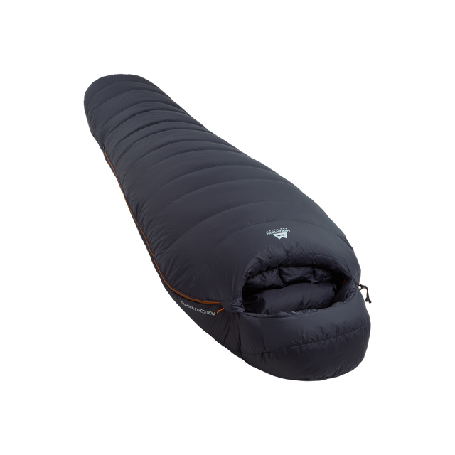 Mountain Equipment Glacier Expedition Sleeping Bag in Obsidian - full length view showing roomy Expedition fit and trapezoid baffle construction