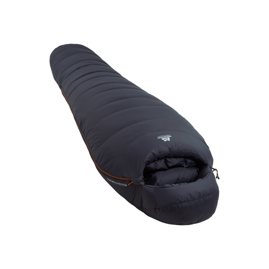 Mountain Equipment Glacier Expedition Sleeping Bag in Obsidian - full length view showing roomy Expedition fit and trapezoid baffle construction